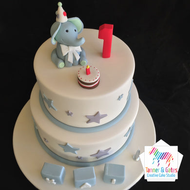 Elephant 1st Birthday Cake - 2 tier